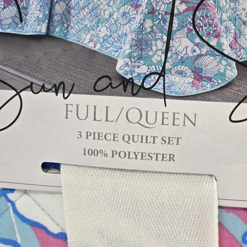 SUN and SEA 3 Pc QUEEN Quilt Set Seashells Fish Corals NEW Ocean Lake Coastal Gr